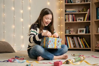 Fille de 12 ans qui déballe un cadeau d'anniversaire avec un grand sourire dans une chambre décorée