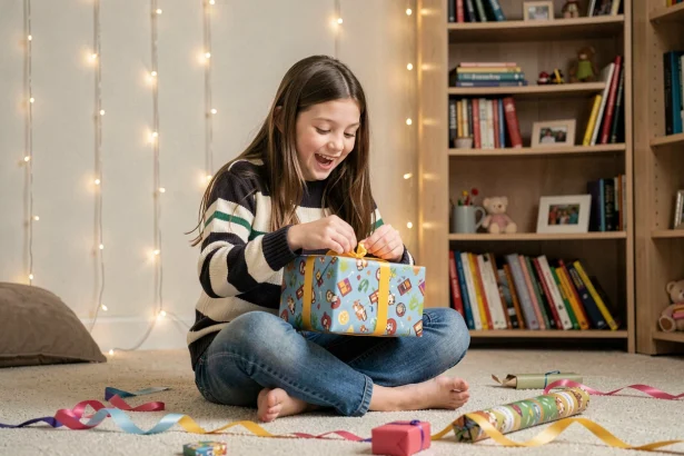 Fille de 12 ans qui déballe un cadeau d'anniversaire avec un grand sourire dans une chambre décorée