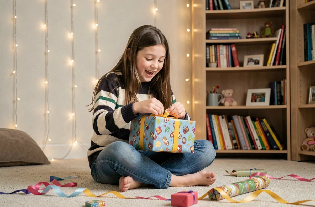 Fille de 12 ans qui déballe un cadeau d'anniversaire avec un grand sourire dans une chambre décorée