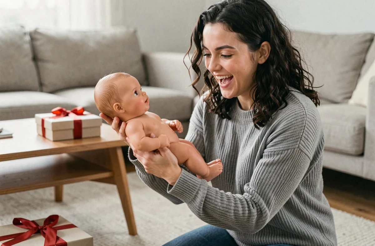 Jeune femme présentant un poupon réaliste comme cadeau d'anniversaire dans un salon moderne au style scandinave