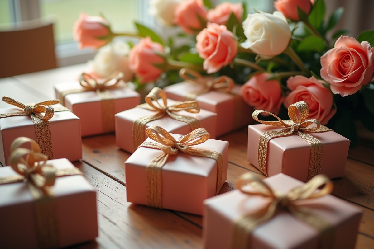 Coffrets cadeaux d anniversaire avec fleurs sur une table en bois