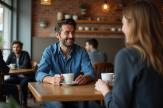 Homme souriant dans un café chaleureux avec une femme