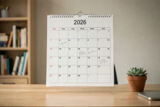 Calendrier mural 2026 avec semaines paires et impaires affiché au-dessus d'un bureau en bois organisé
