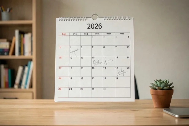 Calendrier mural 2026 avec semaines paires et impaires affiché au-dessus d'un bureau en bois organisé