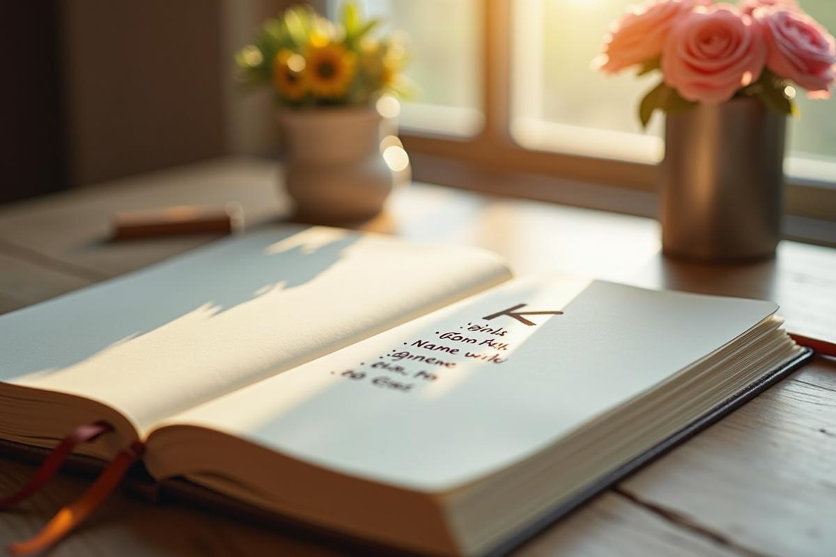 Carnet élégant avec liste de noms K sur bureau en bois et fleurs