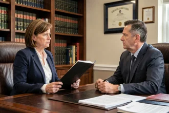 Femme en réunion tendue avec son avocat dans un cabinet juridique, envisageant un changement de représentation légale