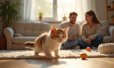 Chaton calico explorant un salon lumineux et cosy