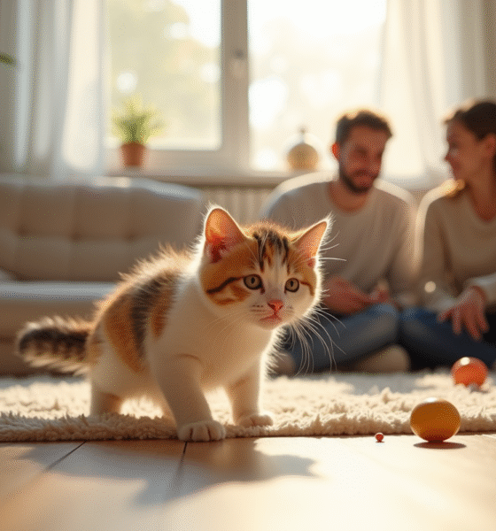 Chaton calico explorant un salon lumineux et cosy