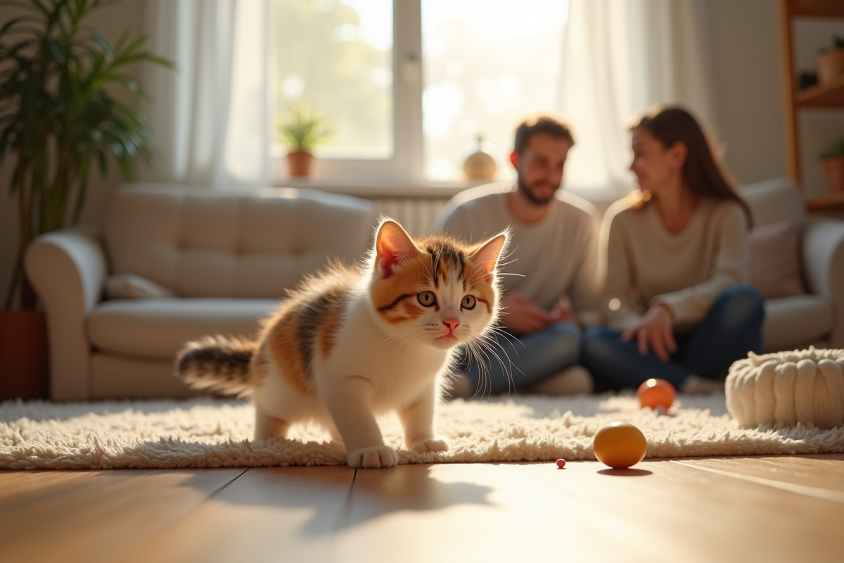 Chaton calico explorant un salon lumineux et cosy