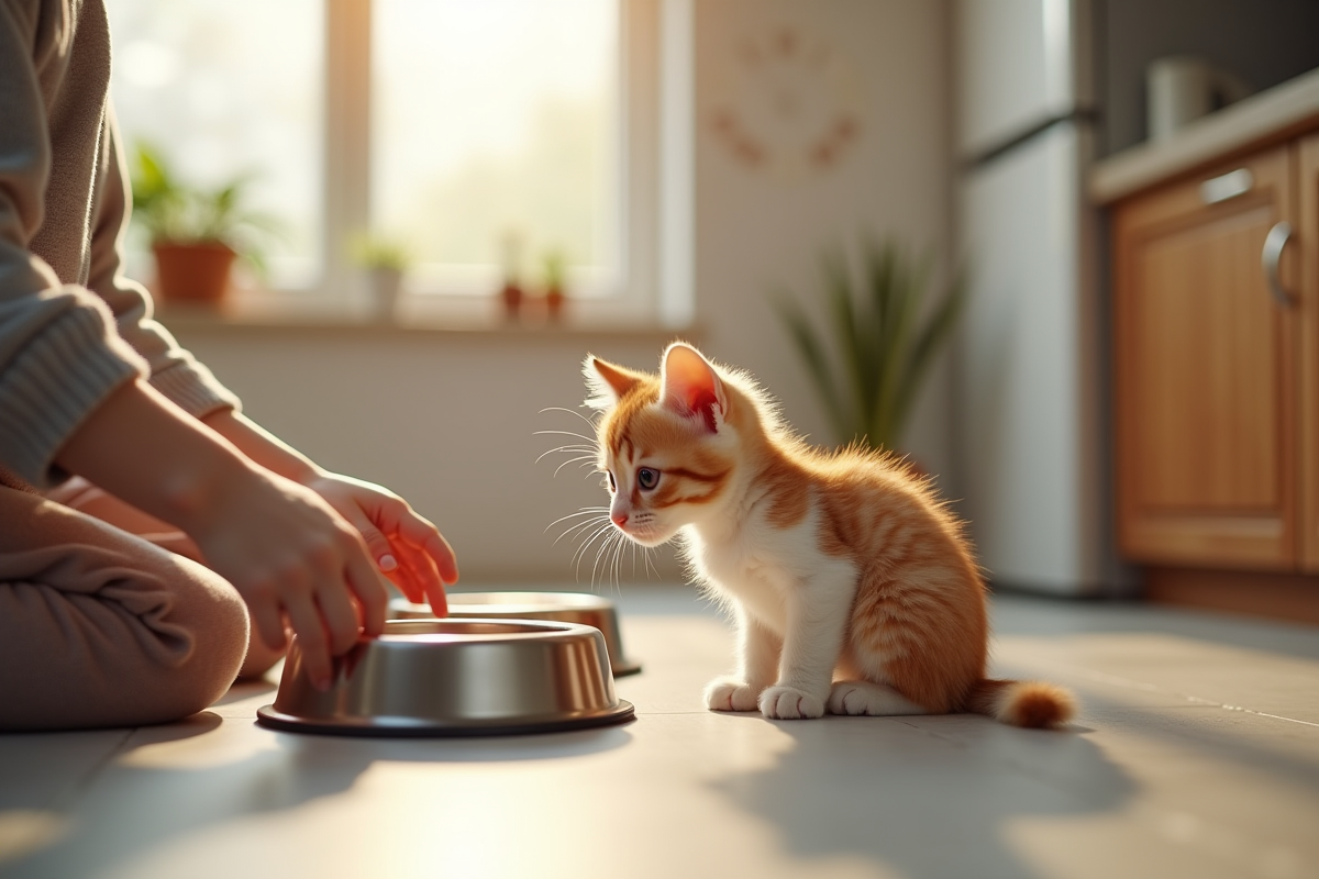 Chaton tricolore dans une cuisine moderne et lumineuse