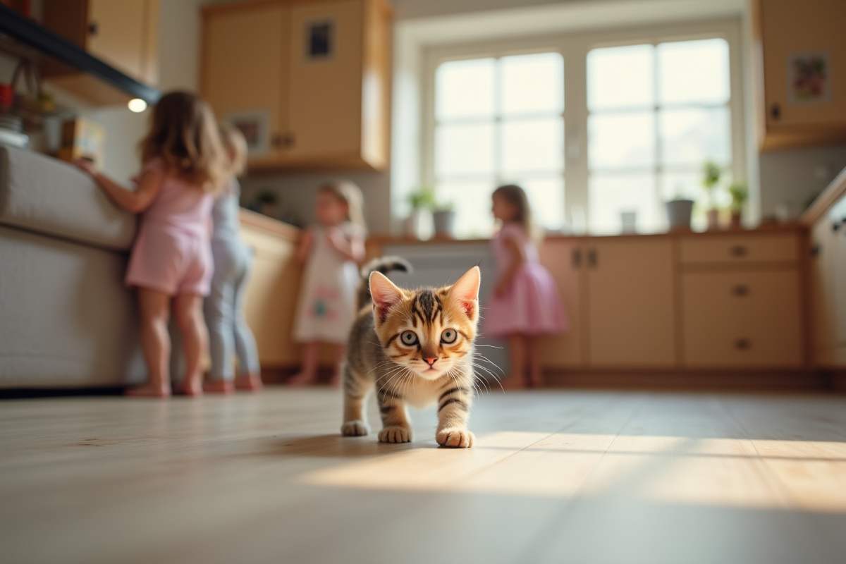 Chaton tigré curieux explore la cuisine familiale