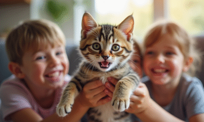 Chaton tigré joueur avec enfants dans un salon lumineux