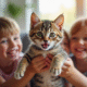 Chaton tigré joueur avec enfants dans un salon lumineux