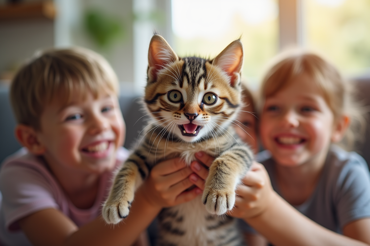 Chaton tigré joueur avec enfants dans un salon lumineux