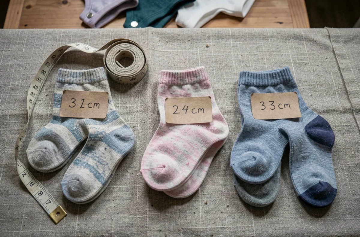 Trois paires de chaussettes bébé d'occasion triées par taille avec étiquettes en centimètres sur tissu lin, guide d'achat
