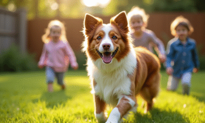 Chien Australian Shepherd rouge jouant dans le jardin en famille