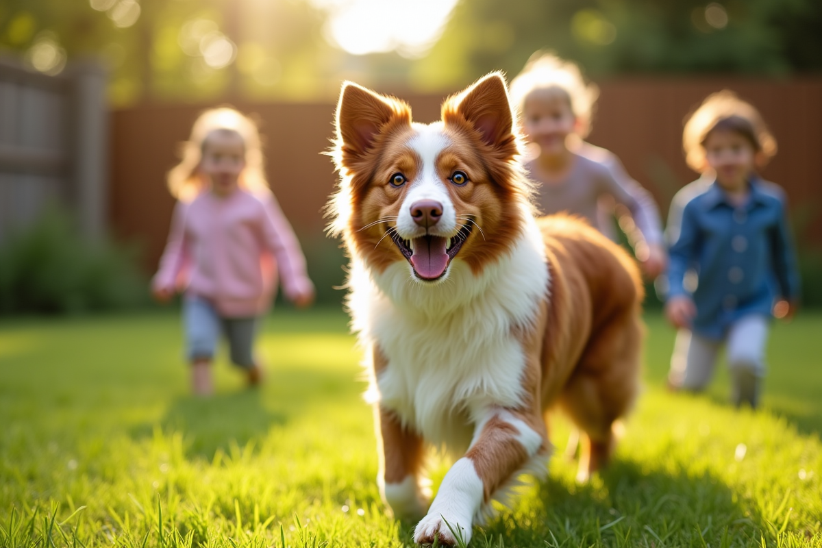 Chien Australian Shepherd rouge jouant dans le jardin en famille