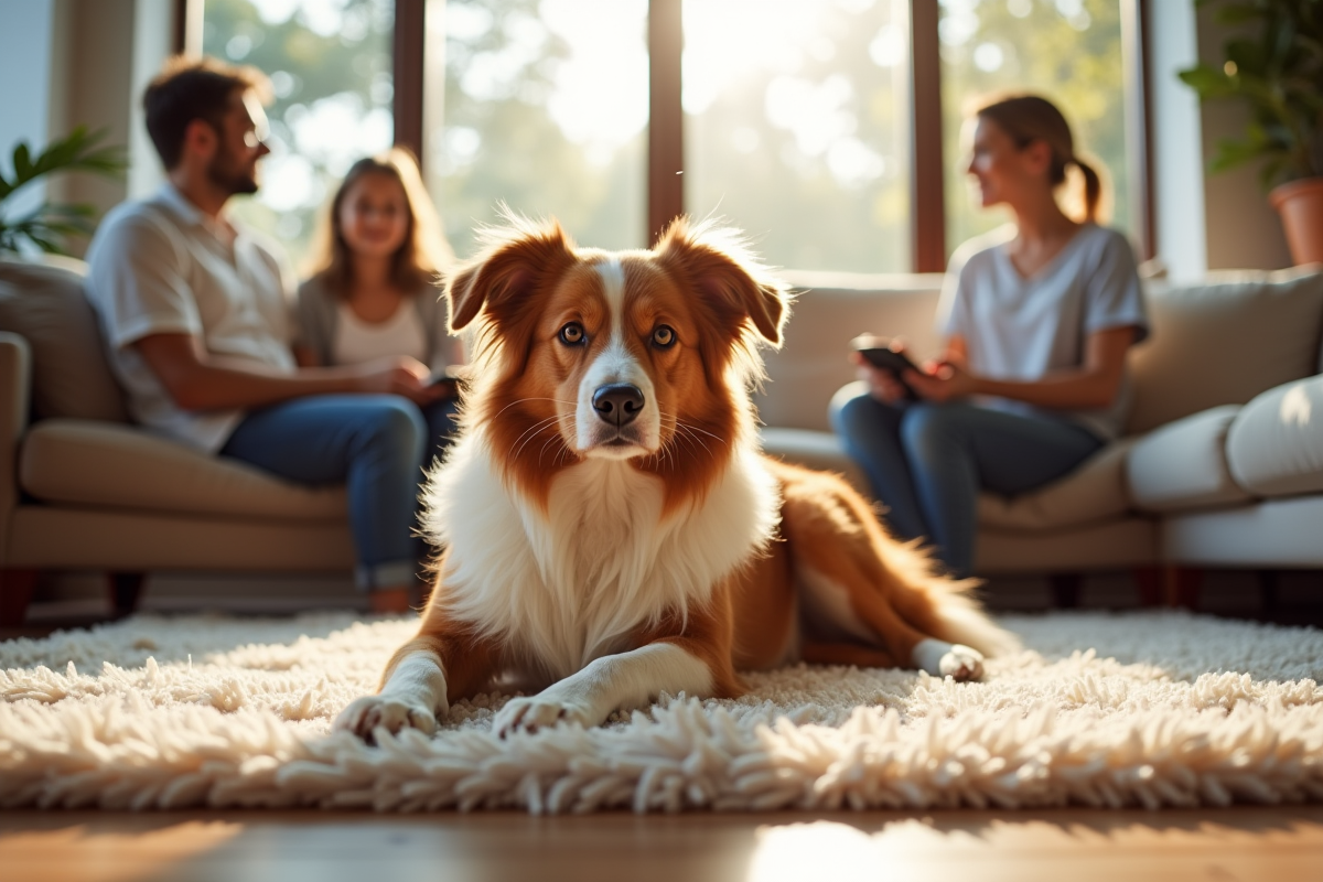 Chien Australian Shepherd rouge reposant dans un salon chaleureux