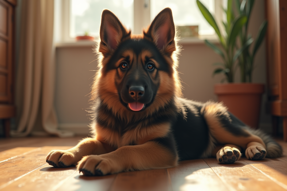 Chiot berger allemand couché sur le sol en bois à la lumière du matin