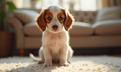 Jeune chiot Brittany Spaniel assis sur un tapis lumineux