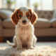 Jeune chiot Brittany Spaniel assis sur un tapis lumineux