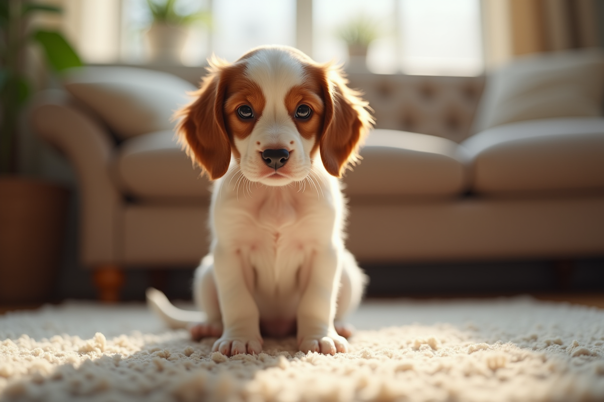 Jeune chiot Brittany Spaniel assis sur un tapis lumineux