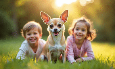 Chiot chihuahua souriant avec enfants en plein air