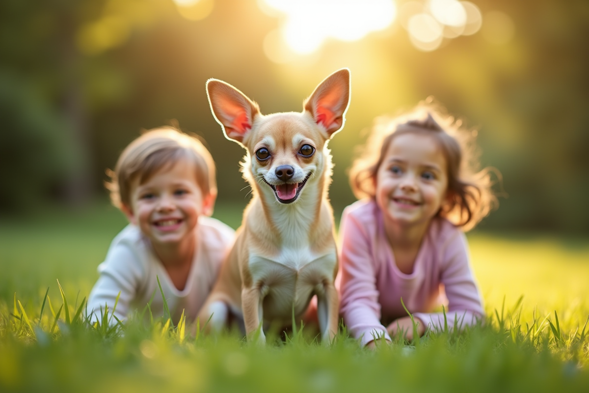Chiot chihuahua souriant avec enfants en plein air