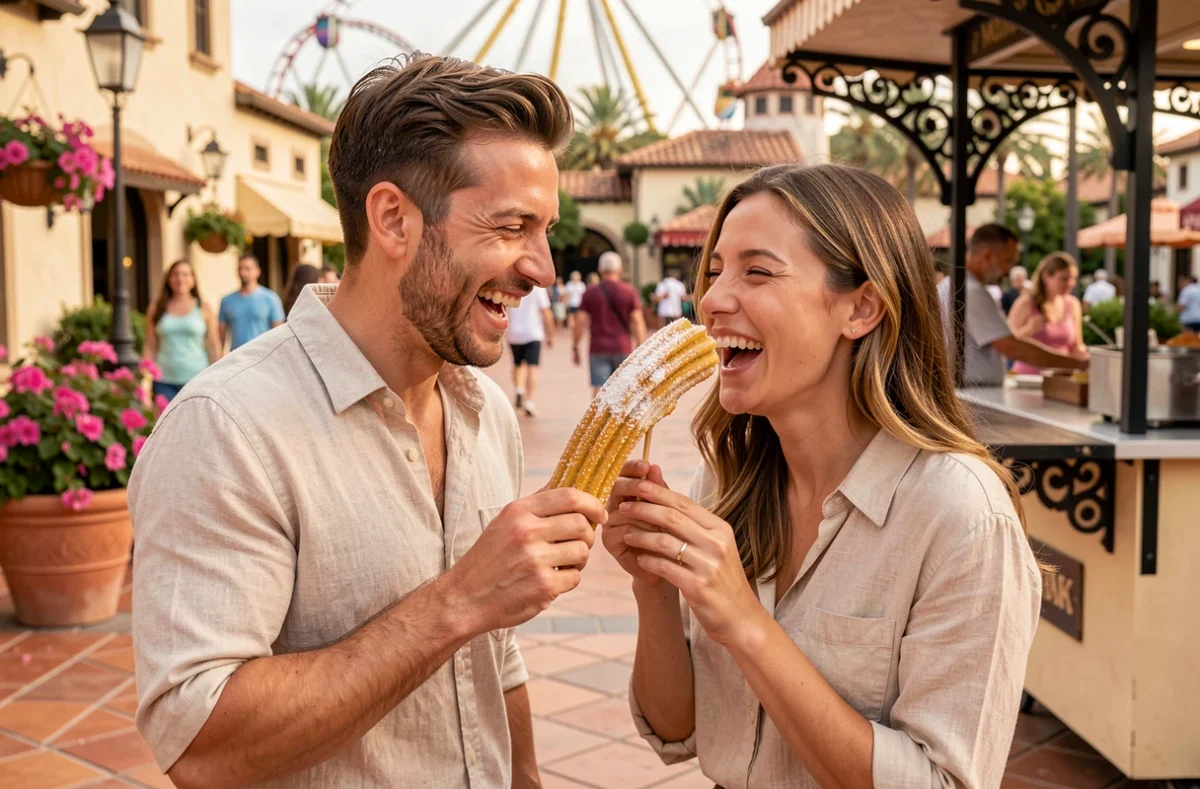 Deux amis savourant un churro typique dans un patio méditerranéen de PortAventura Park