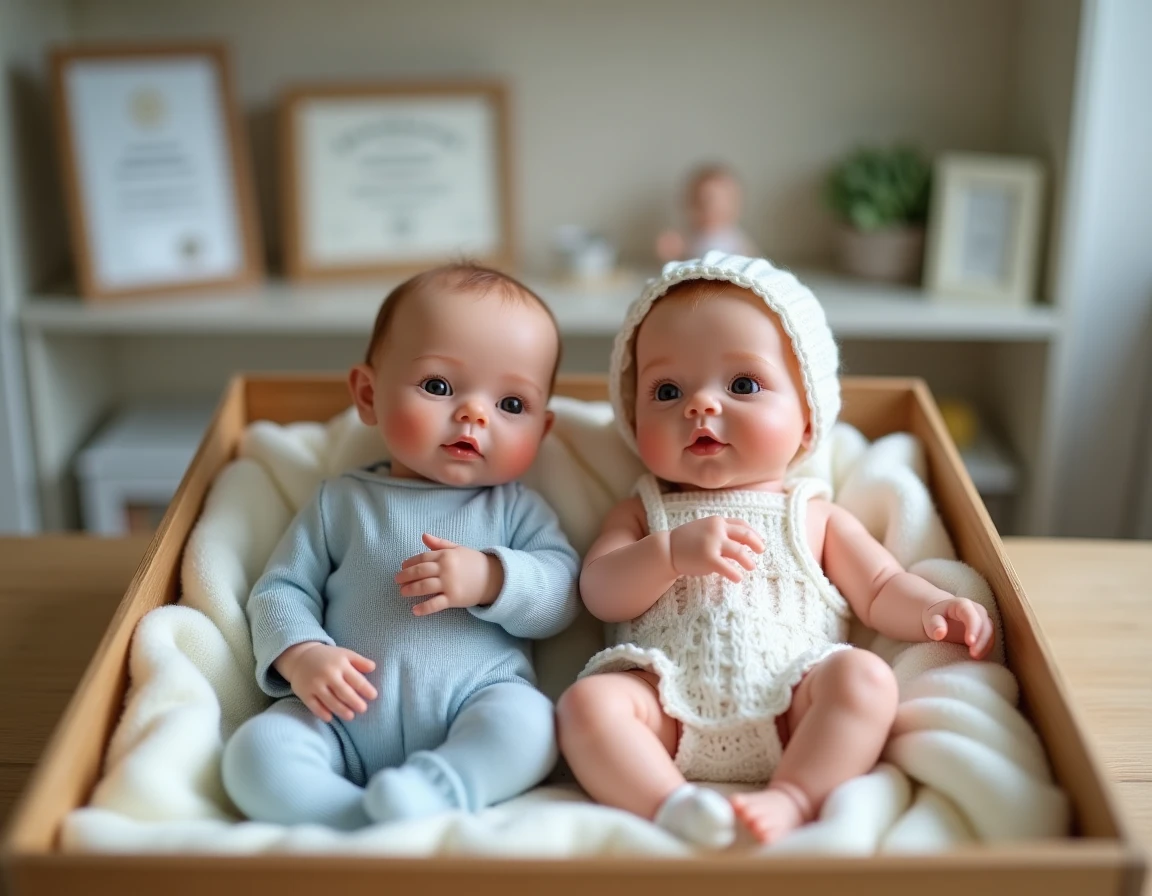 Deux bébés reborn en silicone de différentes carnations exposés dans une boîte en bois velours dans une boutique spécialisée