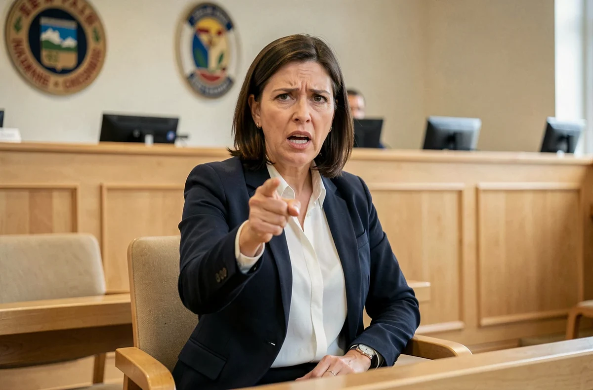 Femme en train d'interrompre et pointer du doigt lors d'une audience devant le juge aux affaires familiales