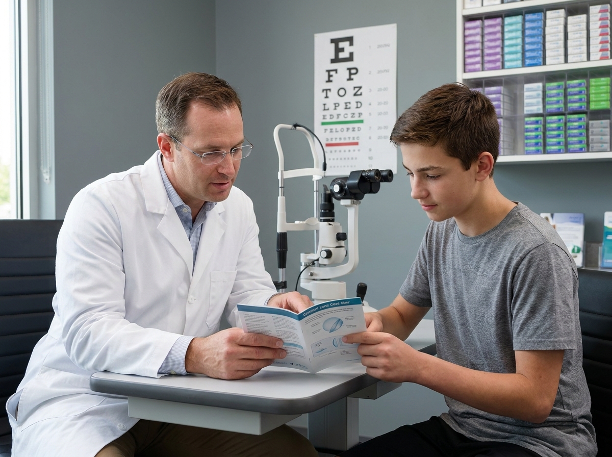 Opticien adulte en consultation avec un adolescent de 14 ans pour le suivi et l'adaptation de lentilles de contact dans un cabinet d'optométrie