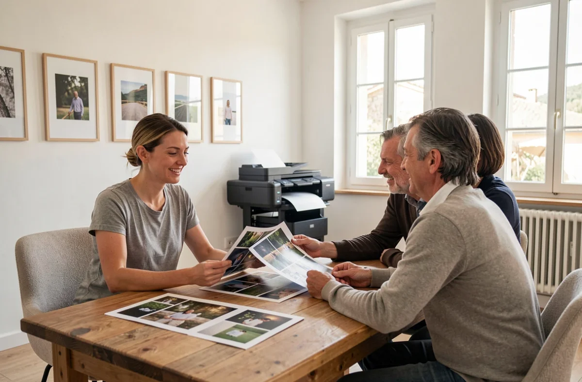 Photographe d'Ajaccio présentant son portfolio à des clients lors d'une consultation dans un studio professionnel lumineux
