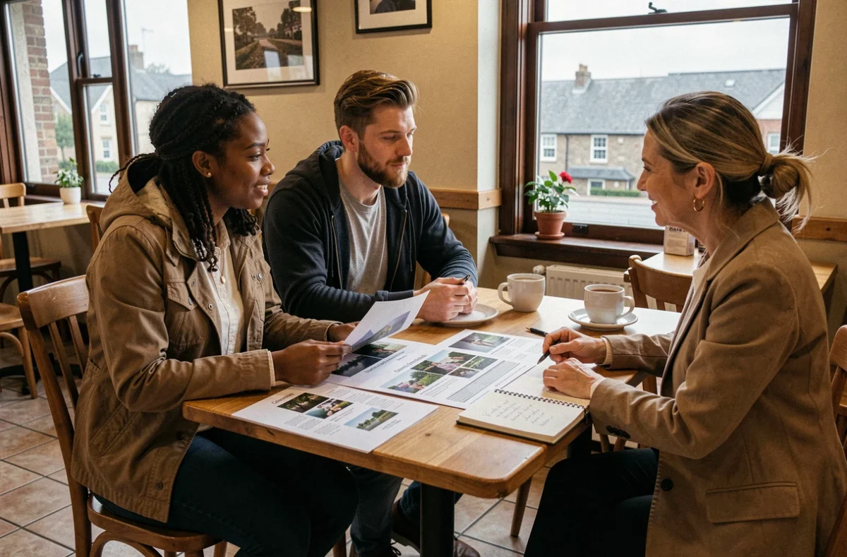 Couple discutant des tarifs et du budget avec une photographe dans un café de Granville