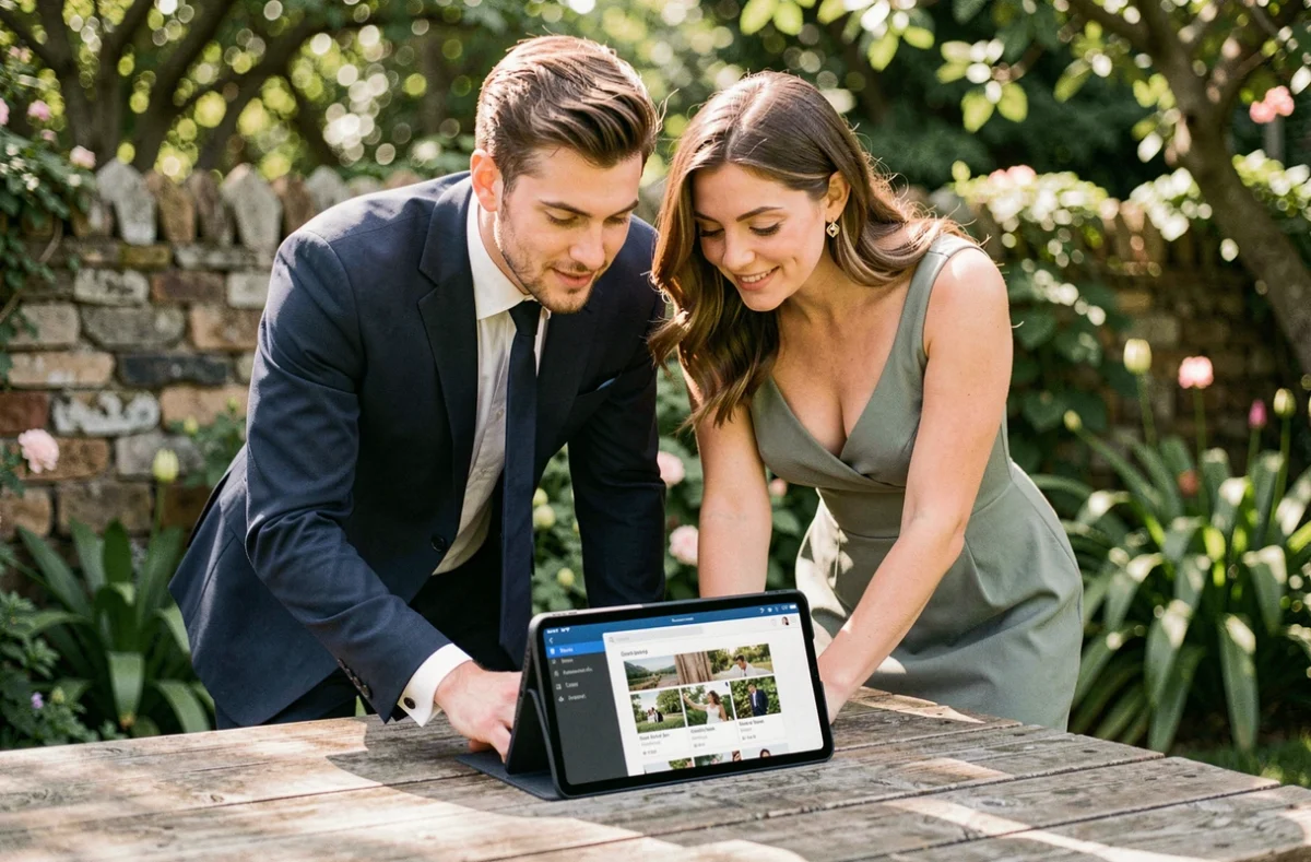 Couple consultant une application de partage de photos de mariage sur tablette dans un jardin