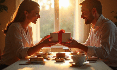 Couple échangeant des cadeaux élégants au petit déjeuner