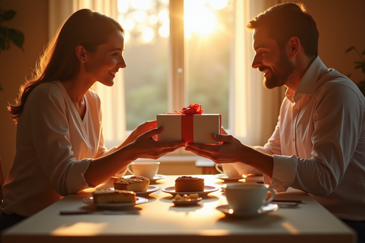 Couple échangeant des cadeaux élégants au petit déjeuner
