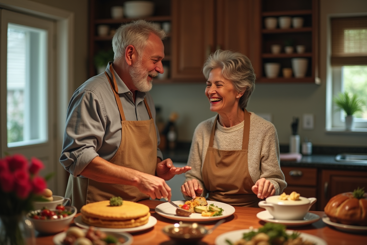 Couple mature préparant un dîner convivial dans la cuisine