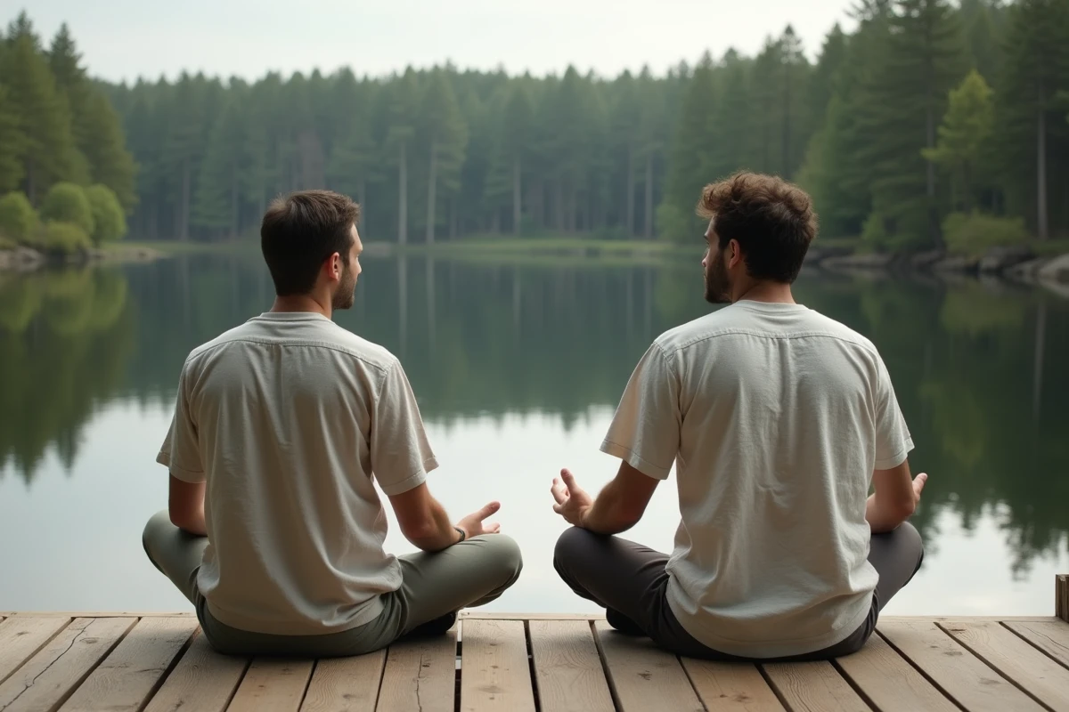 Deux adultes en discussion sereine au bord d'un lac, atmosphère naturelle et détendue évoquant le bien-être et l'authenticité