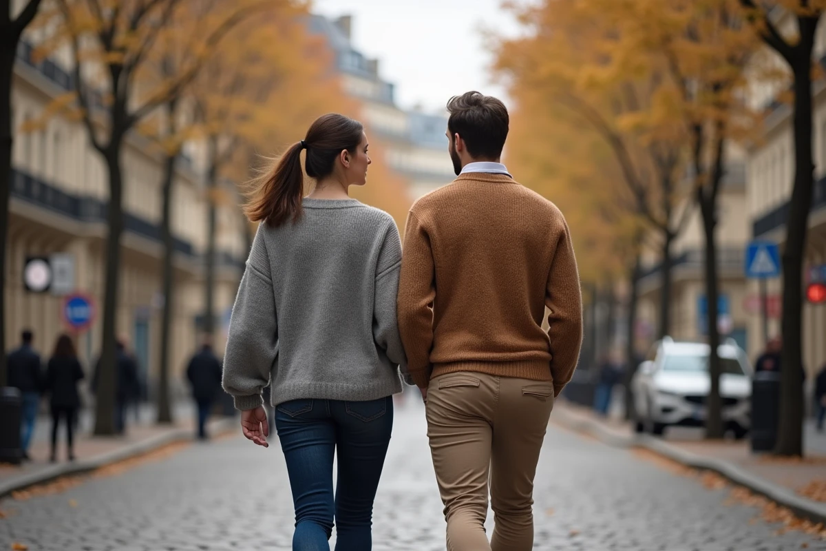 Couple se promenant discrètement dans une rue parisienne, illustrant la vie amoureuse préservée loin des médias