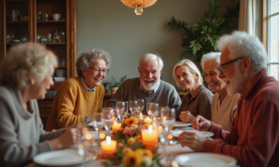Couple agee entouré de famille souriante lors d'un repas