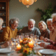 Couple agee entouré de famille souriante lors d'un repas