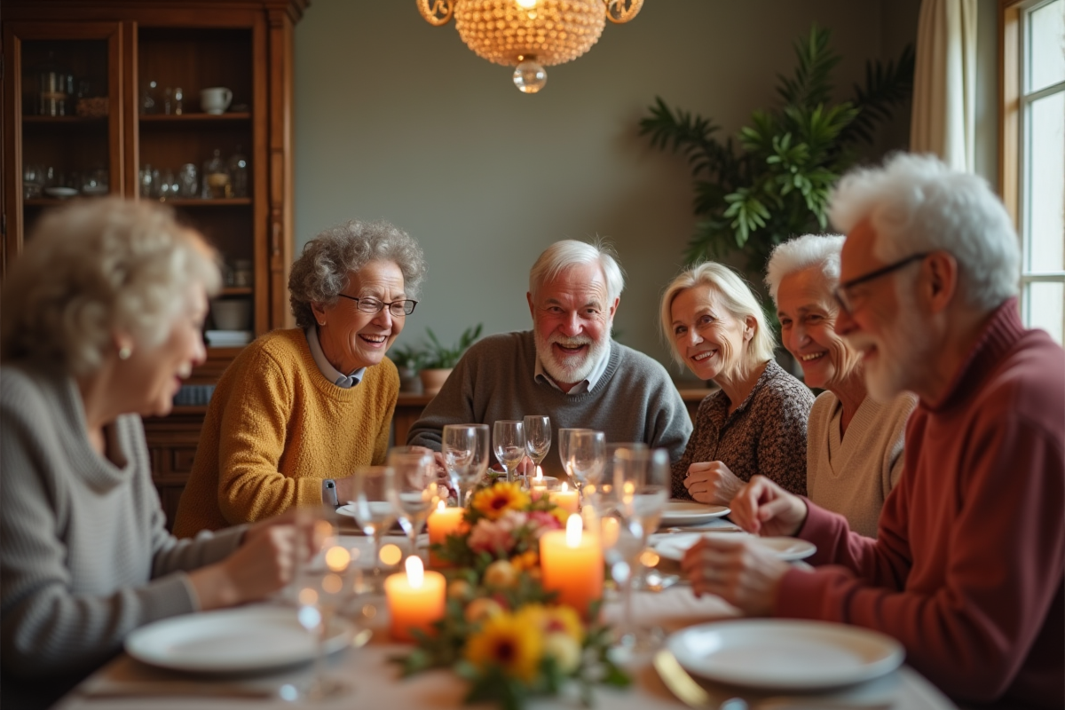 Couple agee entouré de famille souriante lors d'un repas