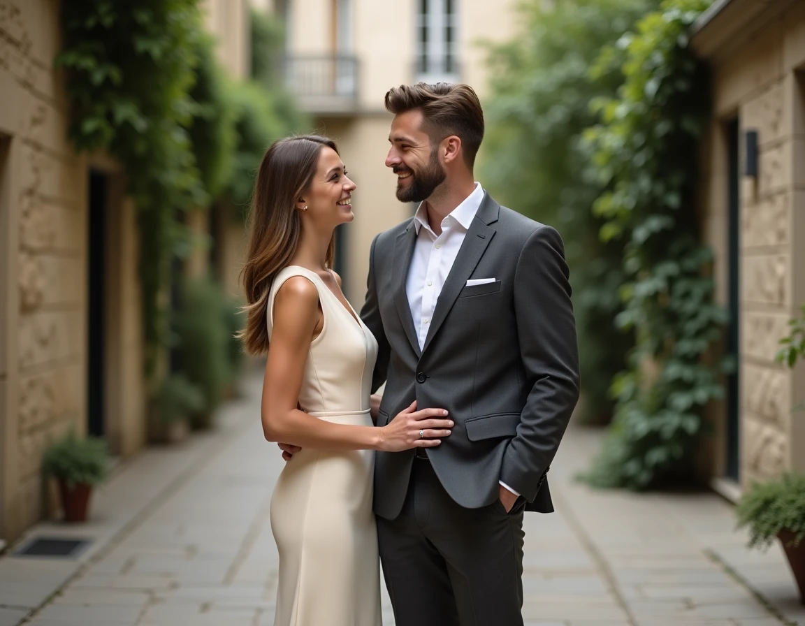 Couple élégant dans une cour parisienne en pierre, moment complice et naturel en extérieur