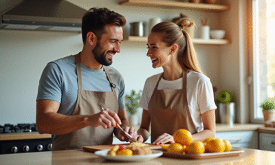 Jeune couple riant en préparant le petit déjeuner dans une cuisine lumineuse