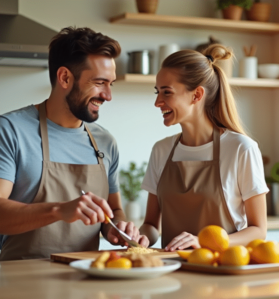 Jeune couple riant en préparant le petit déjeuner dans une cuisine lumineuse