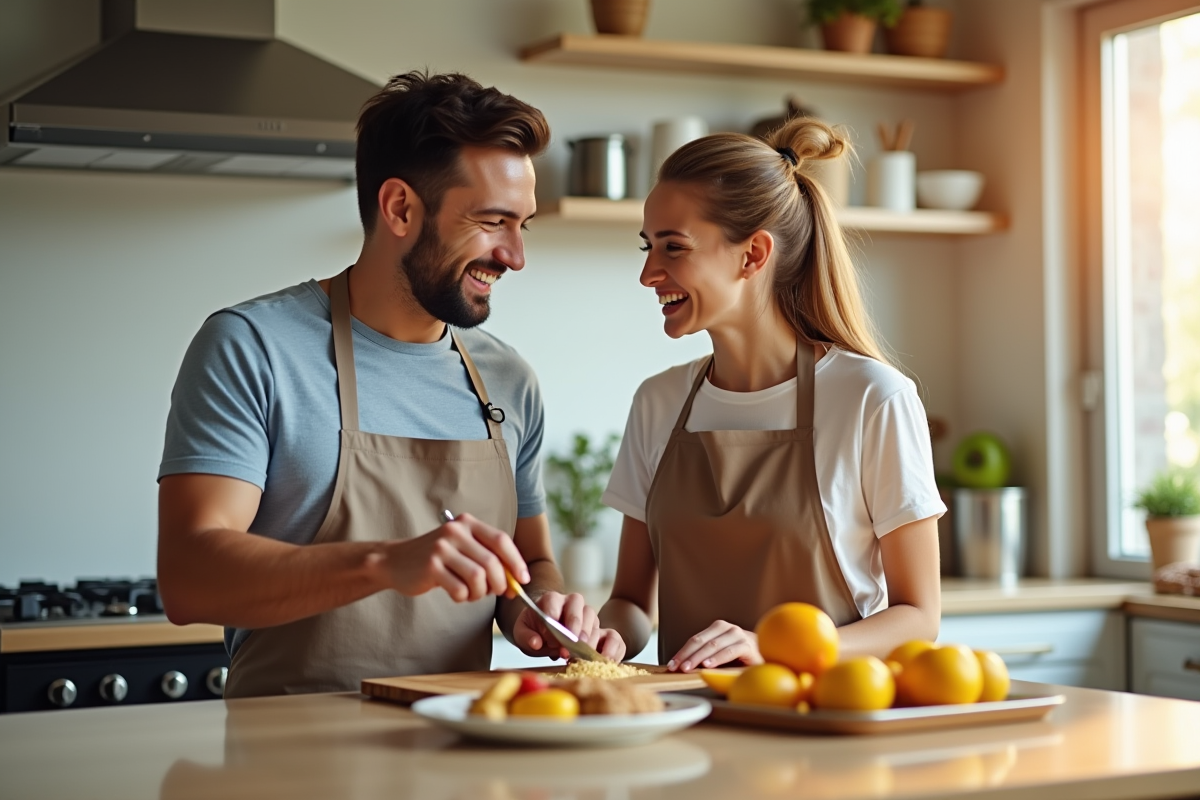 Jeune couple riant en préparant le petit déjeuner dans une cuisine lumineuse