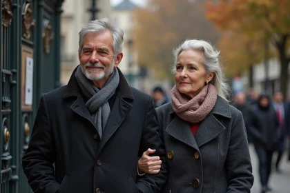 Couple d'âge moyen dans une rue parisienne automnale