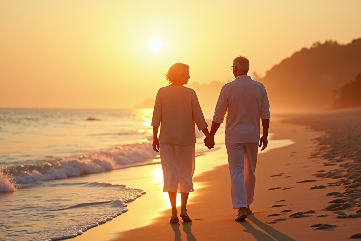 Couple mature marchant main dans la main sur la plage au coucher du soleil