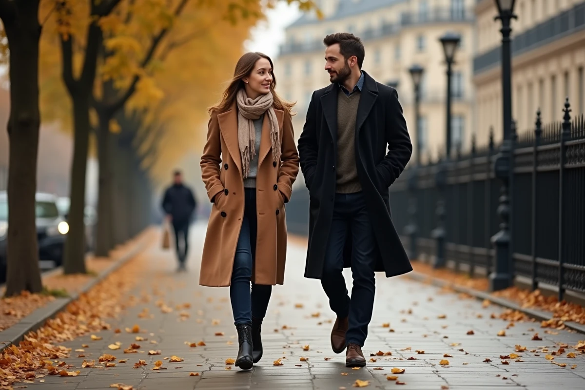 Couple se promenant sur un boulevard parisien en automne, illustrant la vie commune et la rencontre de Julie Fuchs et son mari